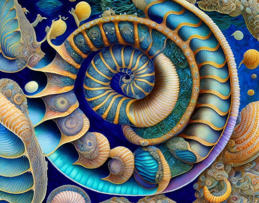 Spiral pattern digital artwork in blue, gold, and turquoise textures