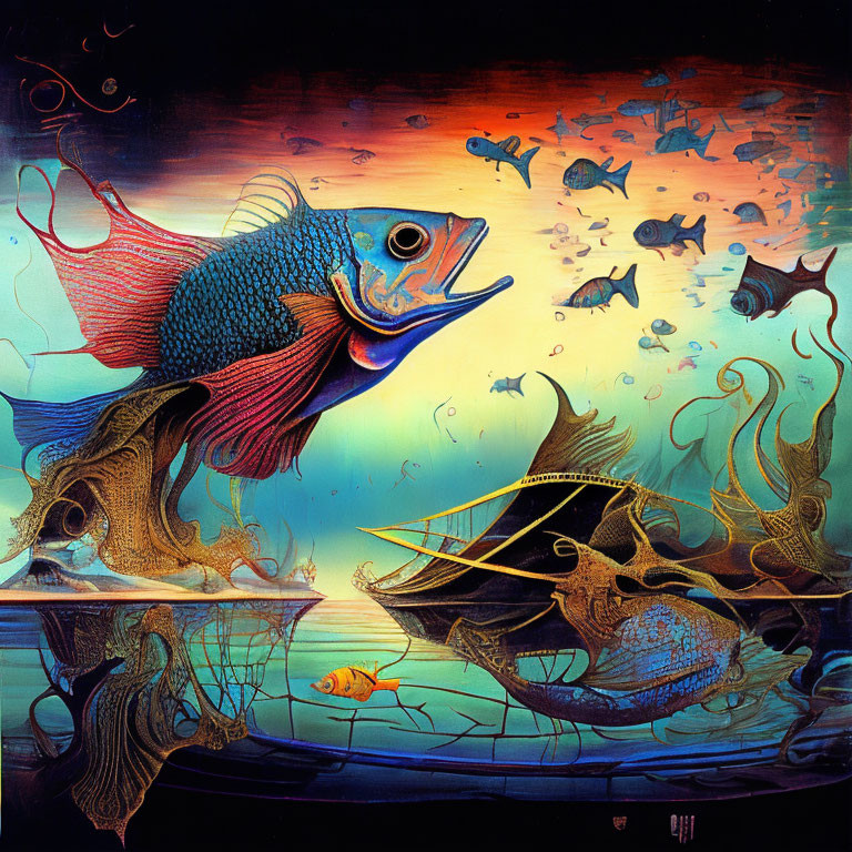 Colorful Fish Artwork with Shipwreck Reflection