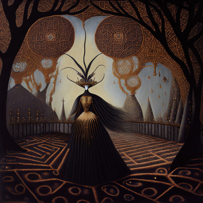 Figure in Dress Blending with Pathway, Tree Patterns, Lanterns in Mystical Nocturnal