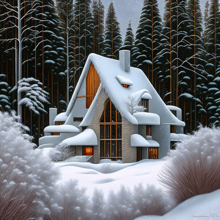 Snowy forest A-frame cabin with warm light and tall pines