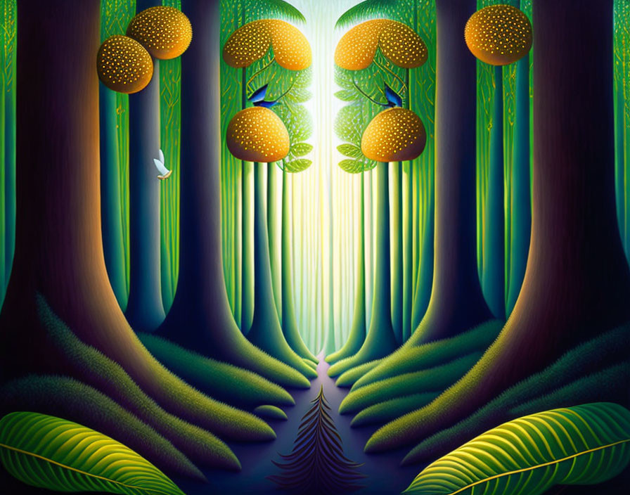 Fantastical forest with oversized illuminated mushrooms and tall flare-based trees under greenish glow