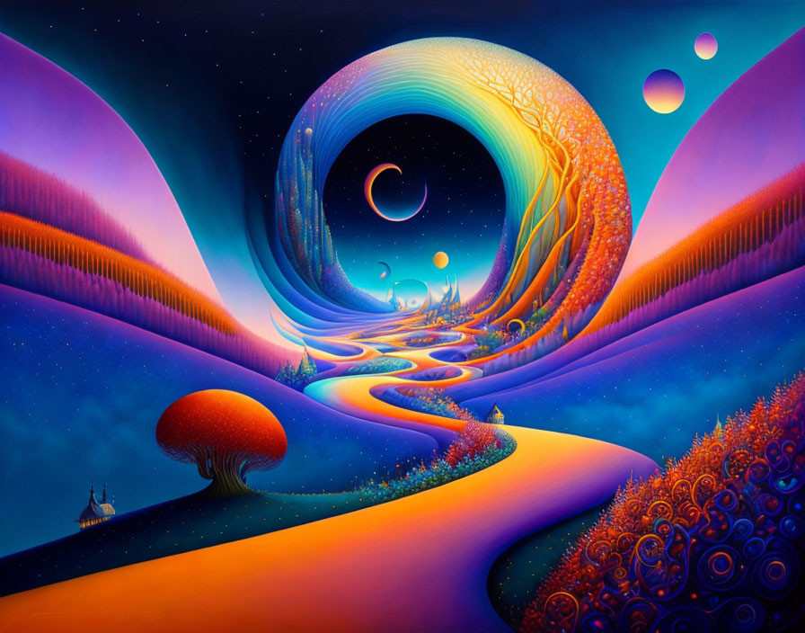 Colorful surreal landscape with crescent moon, swirling sky, tree, house, and winding path.