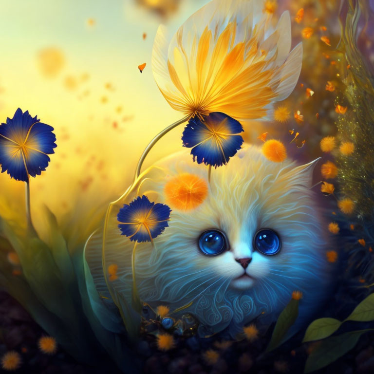 Colorful Fantasy Landscape with Fluffy Blue-Eyed Creature and Floral Fur