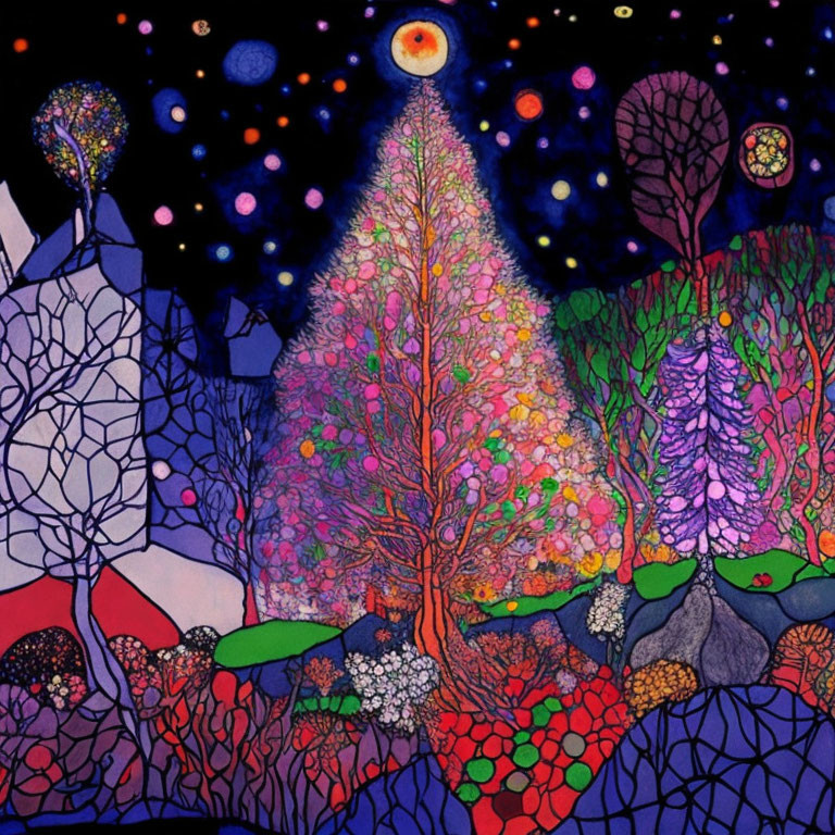 Colorful Whimsical Landscape with Central Tree and Starry Night Sky