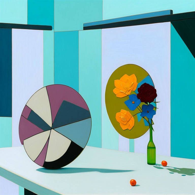 Vibrant still life painting with geometric object, vase, and berries