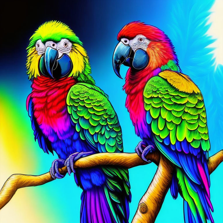 Colorful digital artwork featuring two neon-bright parrots on a branch.