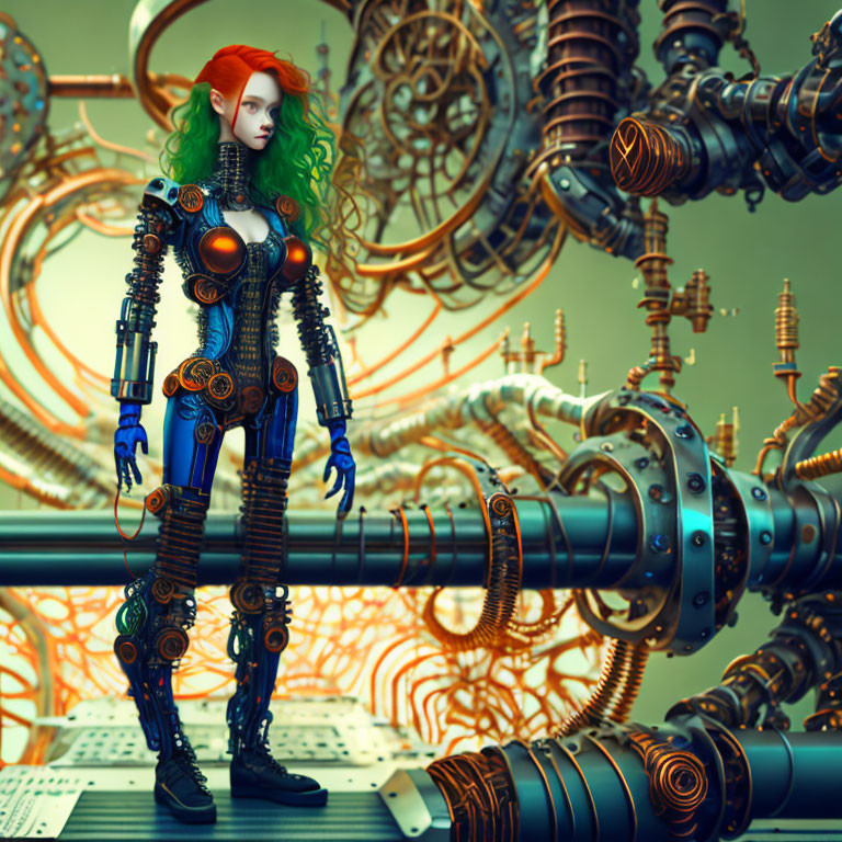 Female cyborg with green hair in intricate brass machinery