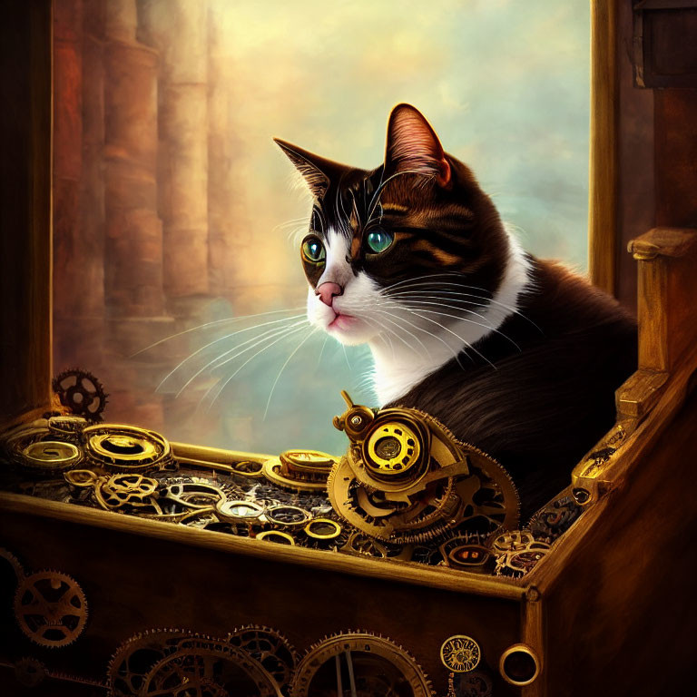 Multicolored cat surrounded by brass gears in steampunk style