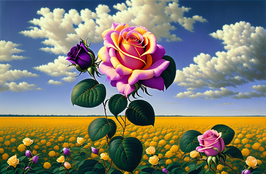 Colorful Rose Painting Among Yellow Roses Under Blue Sky