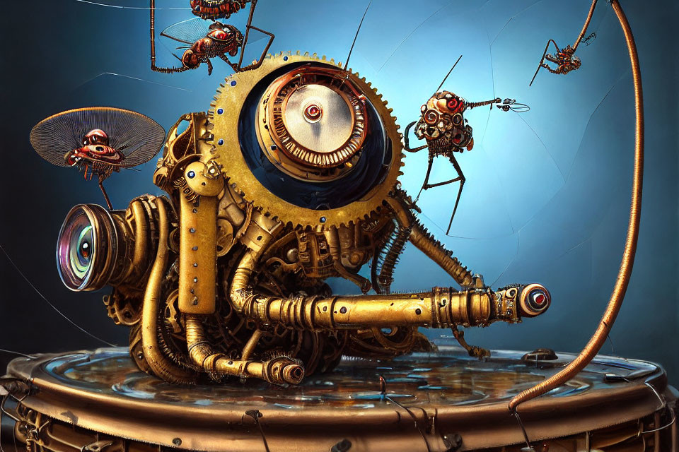 Steampunk scene with mechanical insects and cog-laden creature in intricate machinery