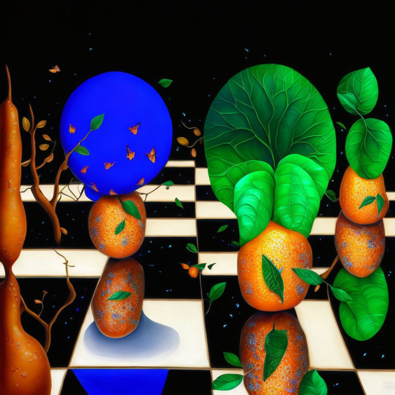 Surreal artwork: Stacked orange shapes, leafy branches, checkerboard, blue sphere,