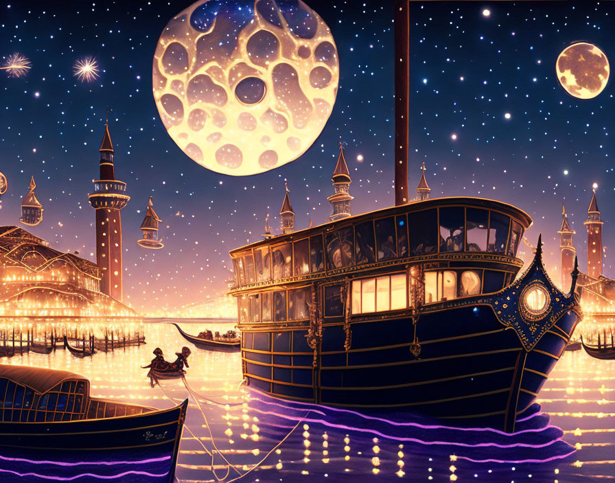 Fantasy night scene: ornate boat on purple waters, starry sky, multiple moons, distant