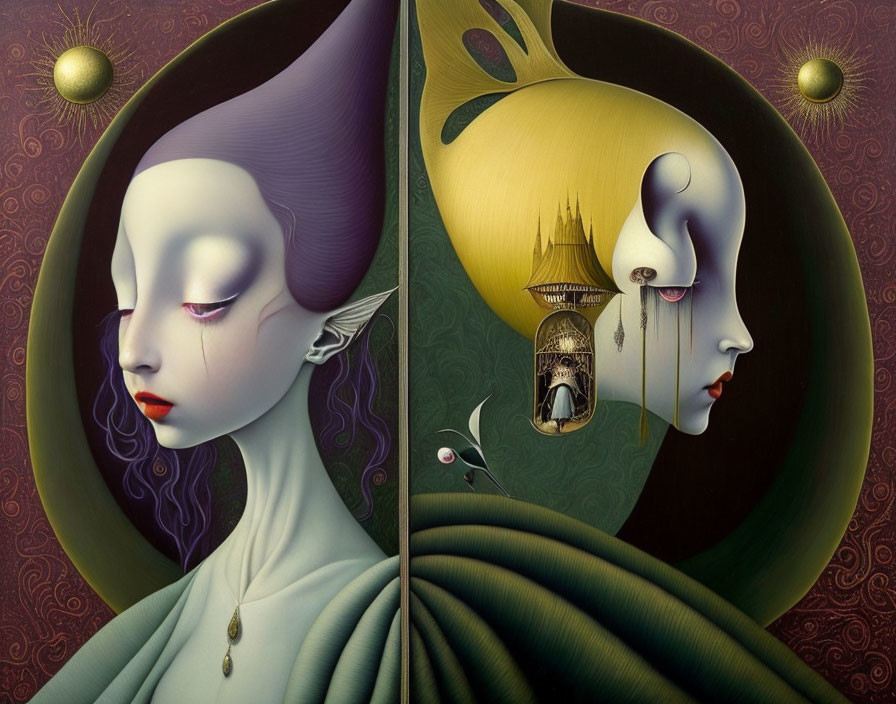 Surreal portrait of stylized elfin figures on dark background