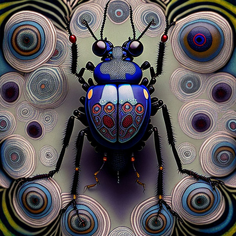 Colorful digital artwork: Beetle with intricate shell patterns & symmetrical eye designs