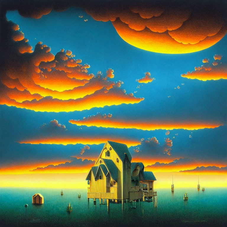 Vibrant orange and blue surreal landscape with oversized moon and stilted houses