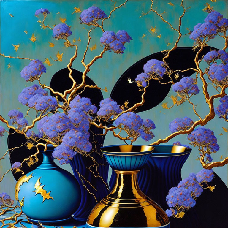 Colorful painting of blue and golden vases with lavender flowers on teal background