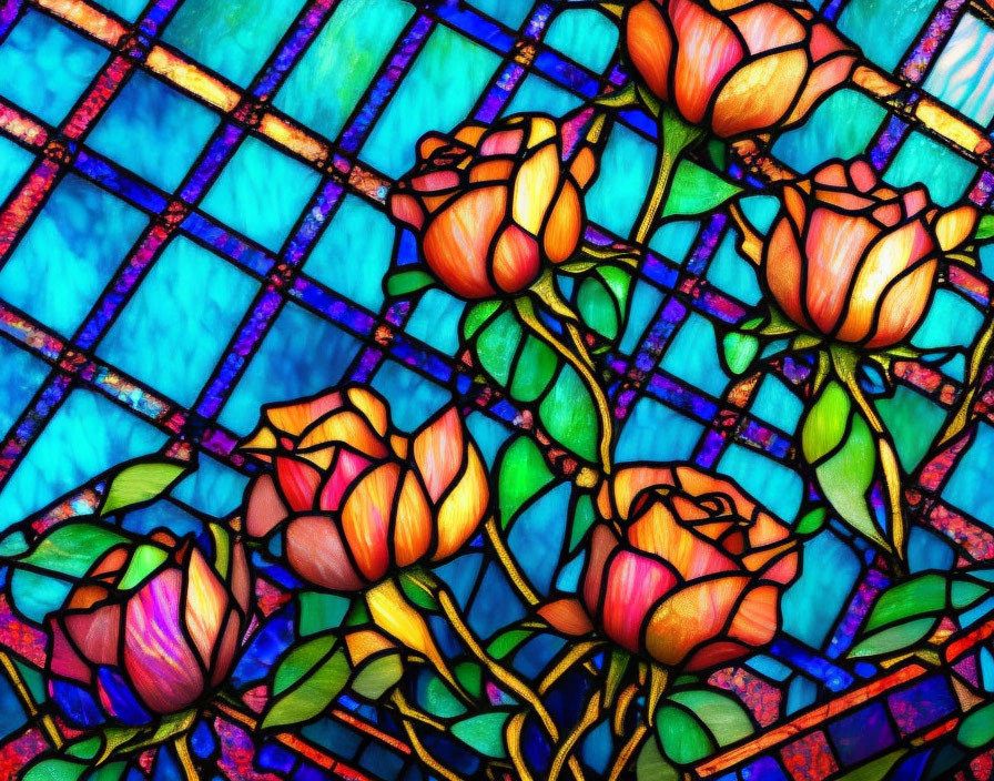 Colorful rose pattern on stained glass window against blue mosaic background