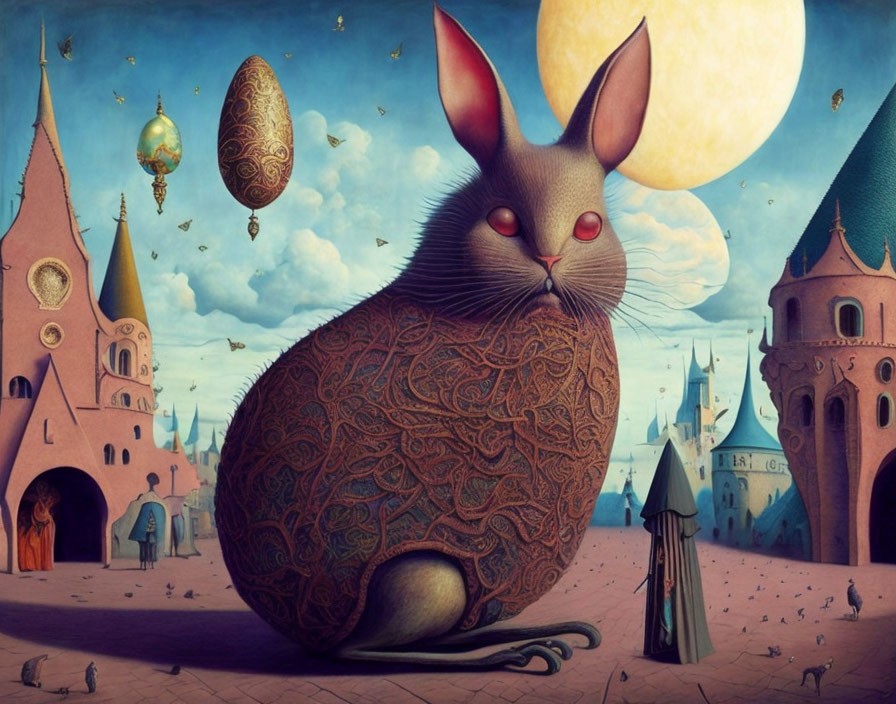 Surrealist illustration of giant rabbit in fantasy townscape