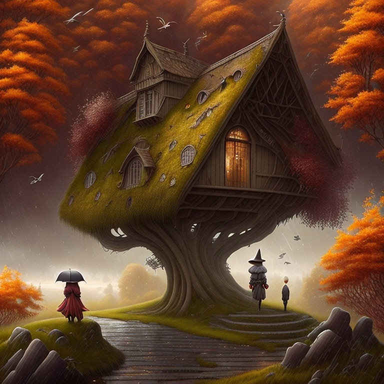 Fantasy treehouse with spiral staircase in autumnal setting