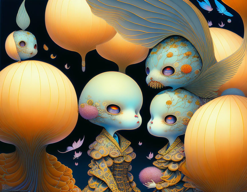 Surreal Artwork: Stylized Characters, Large Heads, Ornate Clothing, Floating Lantern