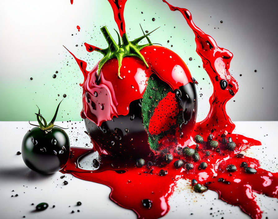 Fresh Tomato Splattering with Red Juice on Dual Background