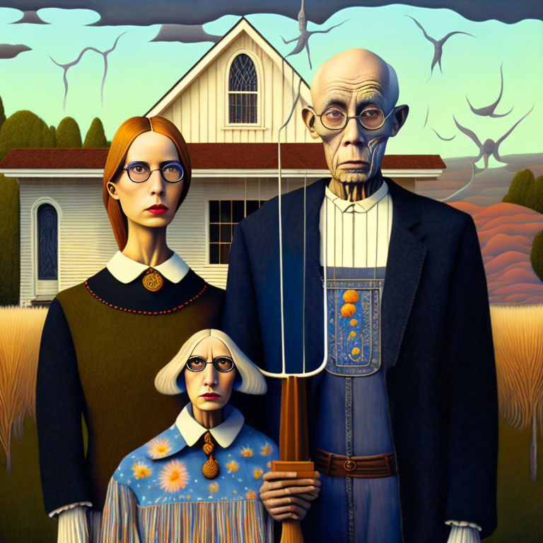 Three-person family with exaggerated caricature features standing in front of a house with farming tools.