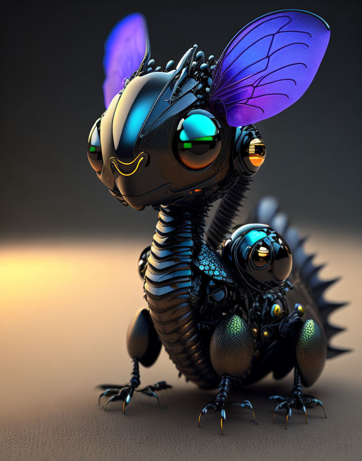 Whimsical robotic insect with glowing eyes and purple wings