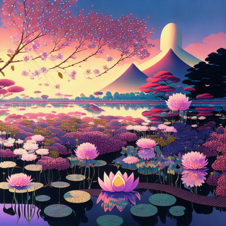 Serene landscape with pink blossoming trees and lotus flowers