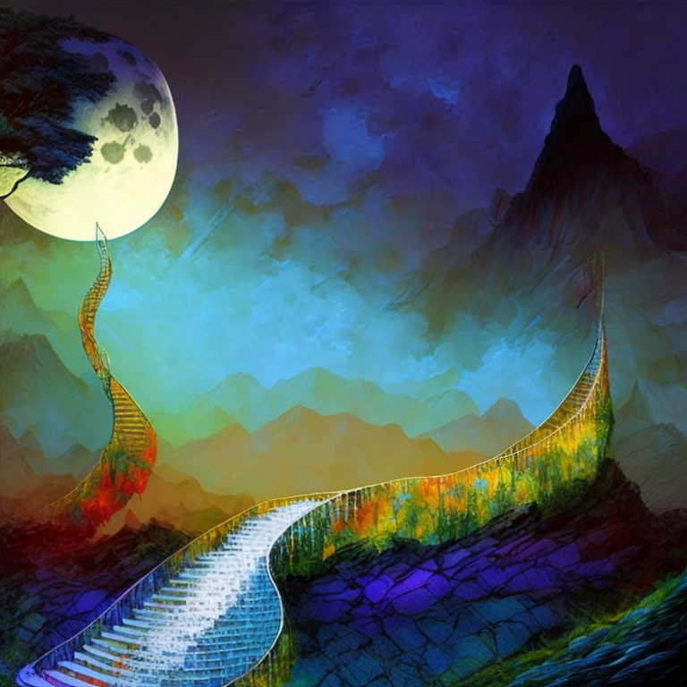 Vibrant surreal artwork: staircase to moon in mountain backdrop