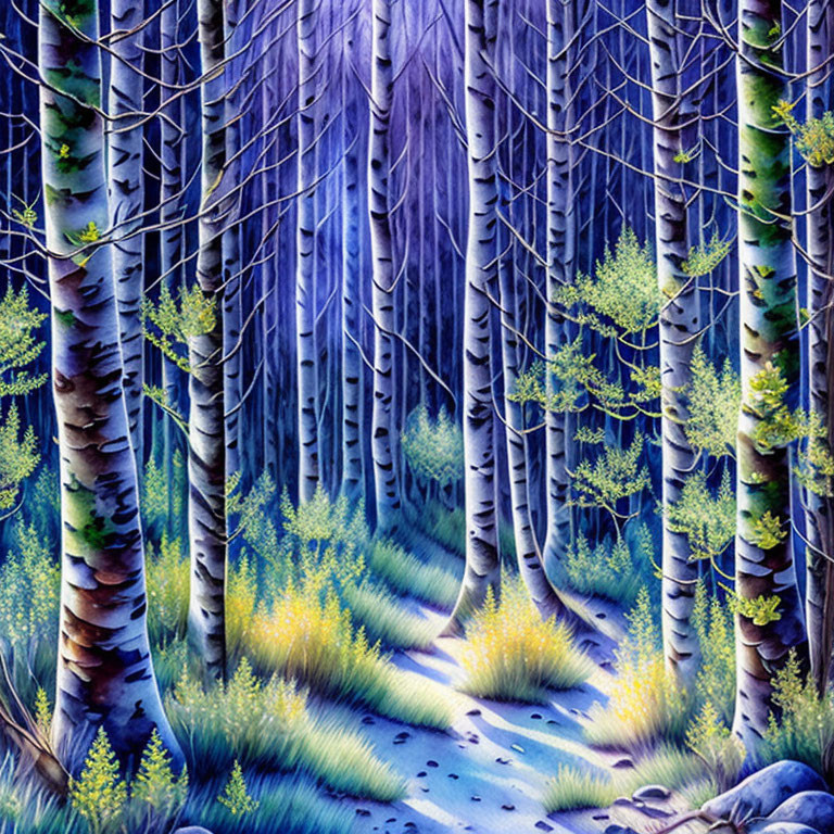 Lush birch forest scene with slender trunks and blue pathway