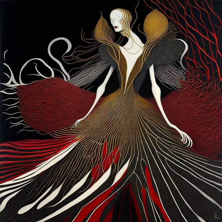 Abstract red and gold art-nouveau-inspired figure illustration