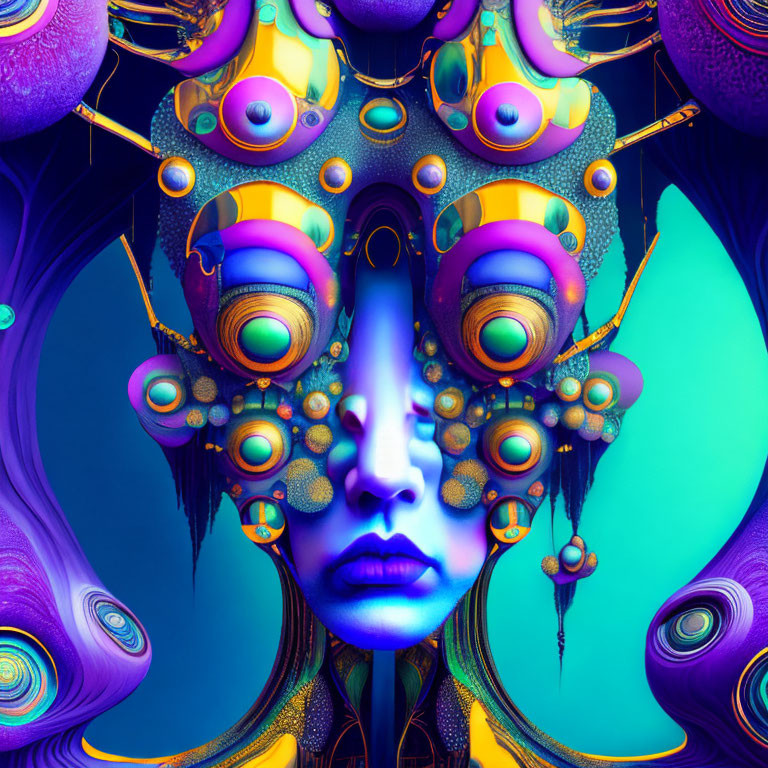 Futuristic female figure with blue skin and ornate headdress
