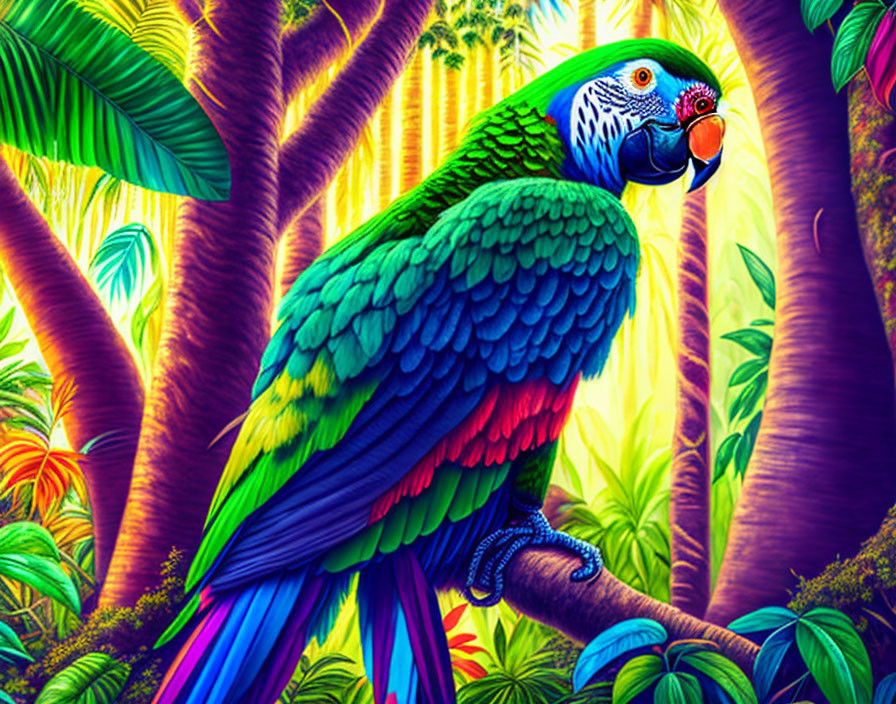 Colorful Parrot Perched in Lush Tropical Forest