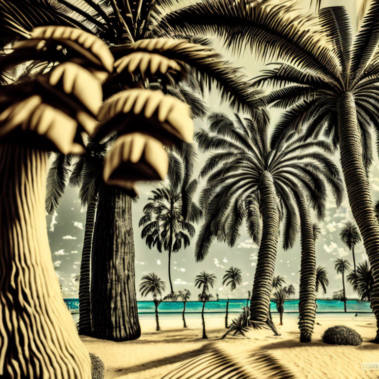 Tropical Beach Scene with Palm Trees and Ocean in Sepia Tone