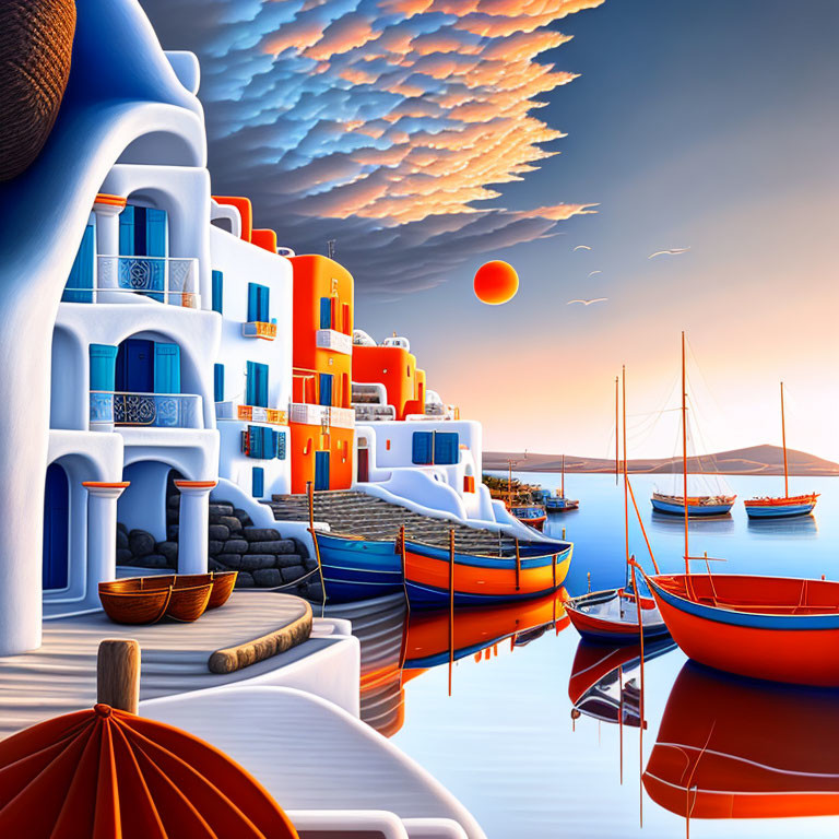 Tranquil Greek island village art at sunset with orange skies, white/blue buildings, blue waters,