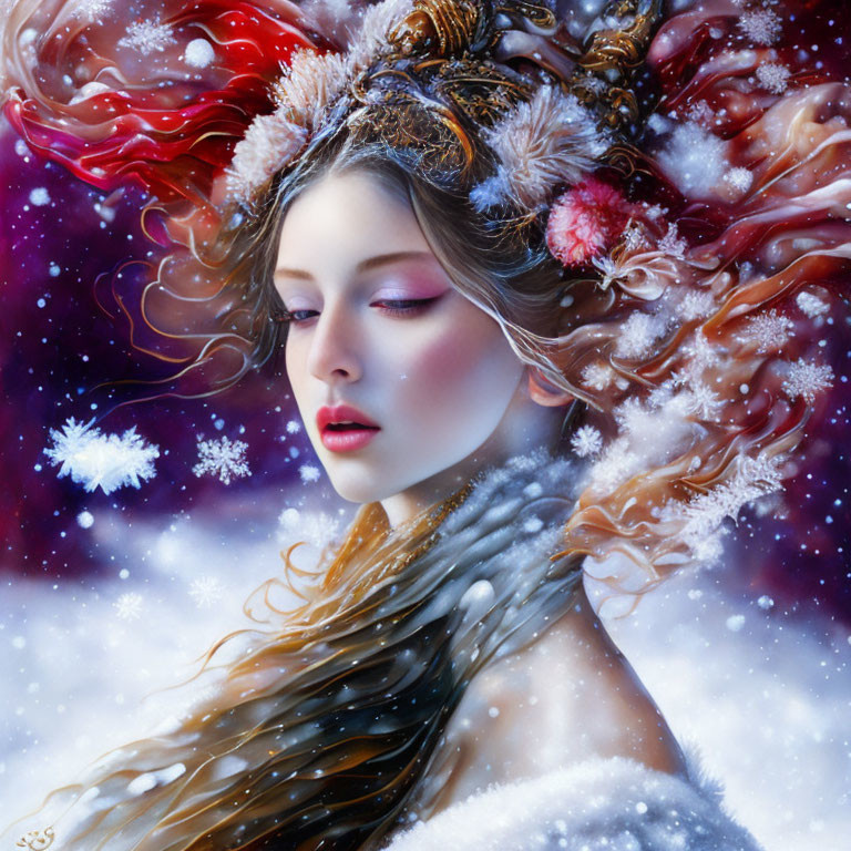 Digital painting of winter woman with red hair and frosty branches in snowfall