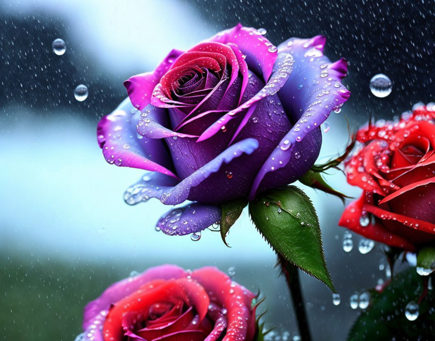 Colorful dewy roses on blurred raindrop backdrop