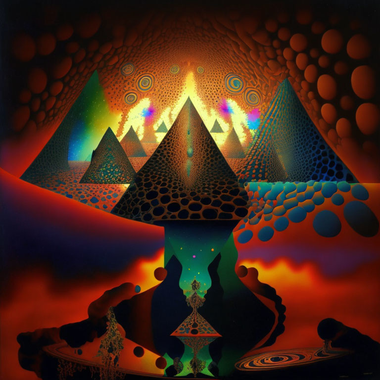 Colorful Psychedelic Artwork with Pyramids and Geometric Patterns