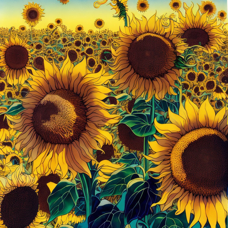 Colorful sunflower field painting with rich textures and vibrant hues