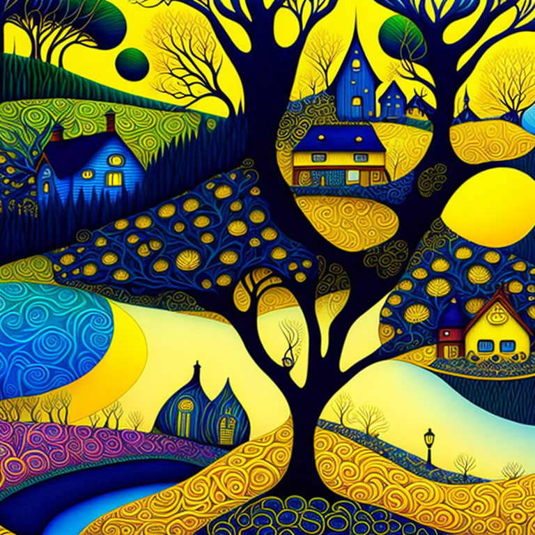 Colorful artwork: Whimsical houses, curvy trees, rolling hills in yellow, blue,