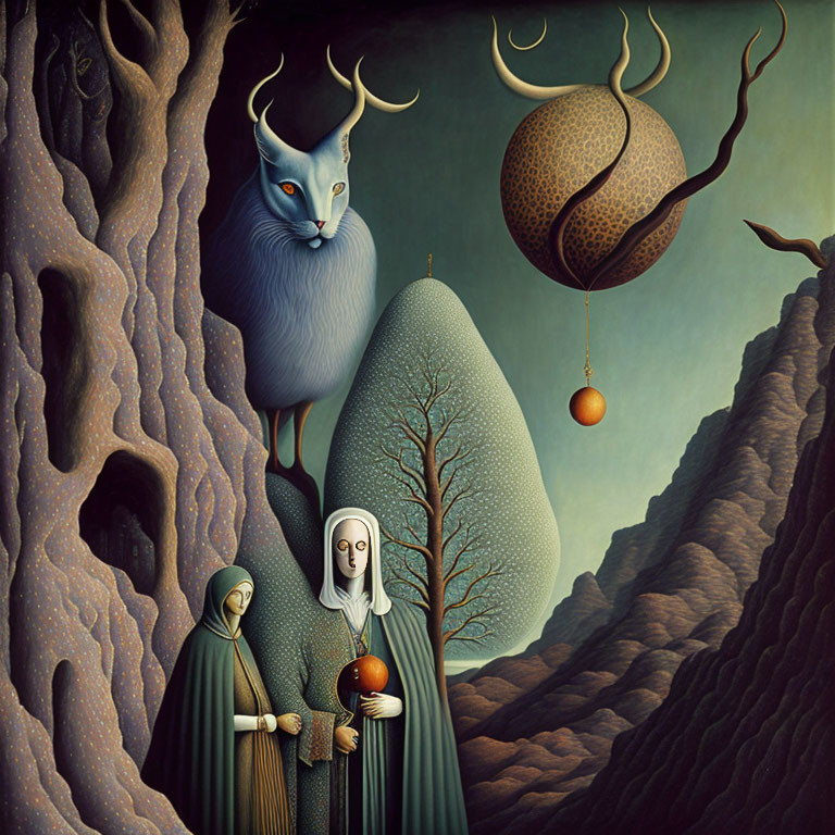 Surreal painting: goat-headed figure, nuns, floating sphere, mountainous backdrop