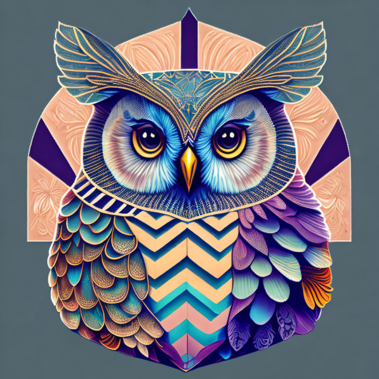 Colorful Owl Illustration with Geometric Patterns on Grey Background