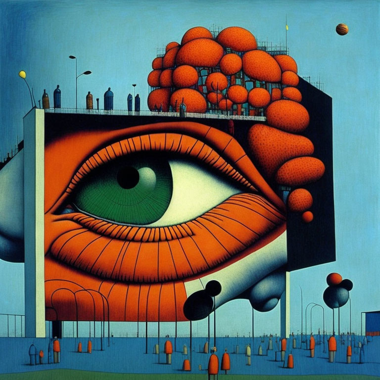 Surreal painting of oversized eye with urban landscape and tiny human figures