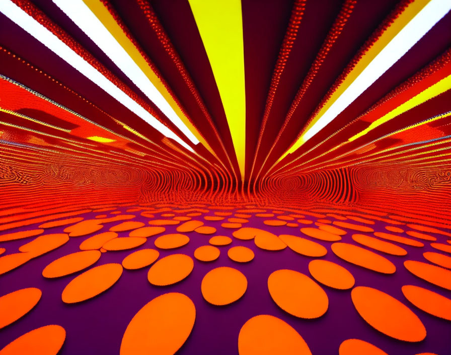 Abstract tunnel with red and yellow stripes, orange ellipses, and purple floor.