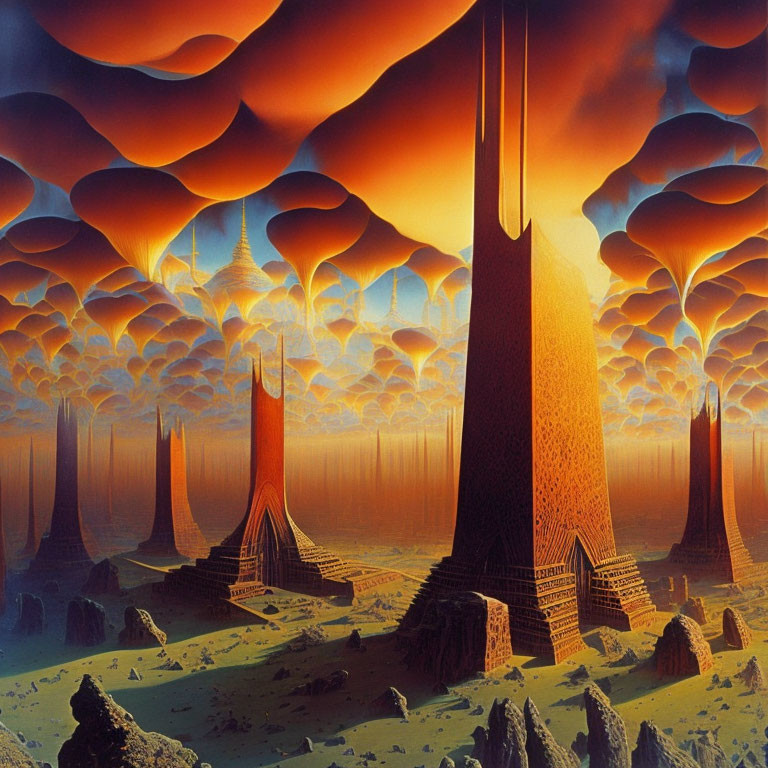 Alien structures in surreal orange sky landscape