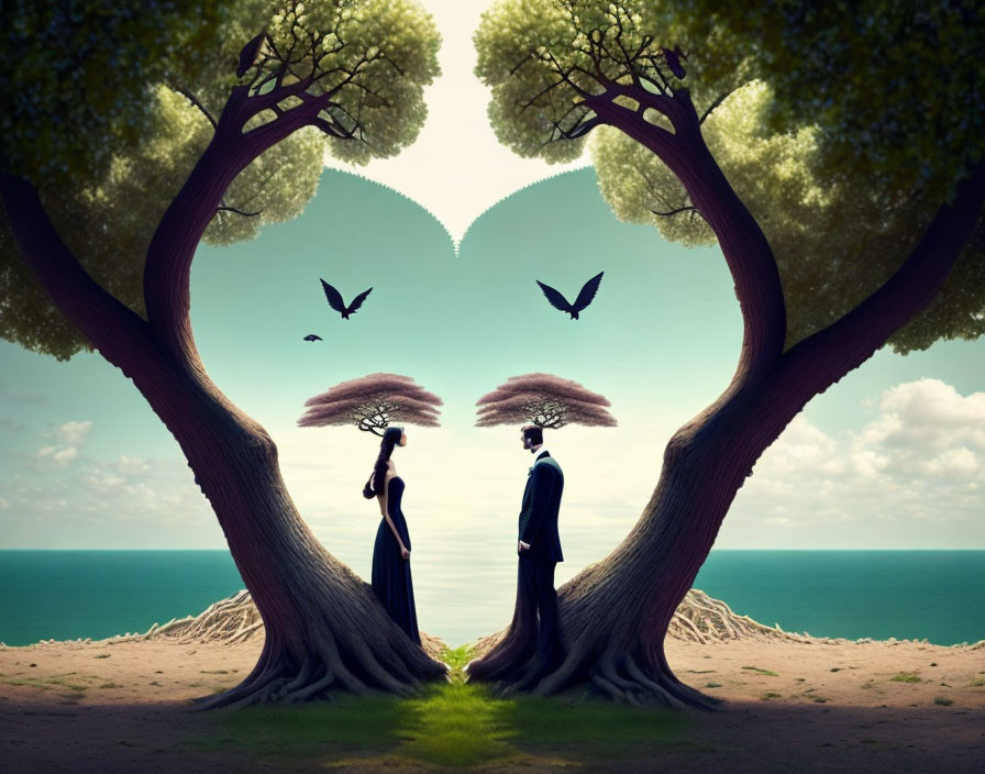 Mirrored image of trees forming heart shape with couple and birds above seascape