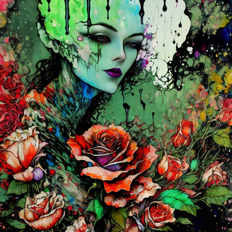 Colorful Artwork of Woman with Green Skin and Roses in Abstract Style