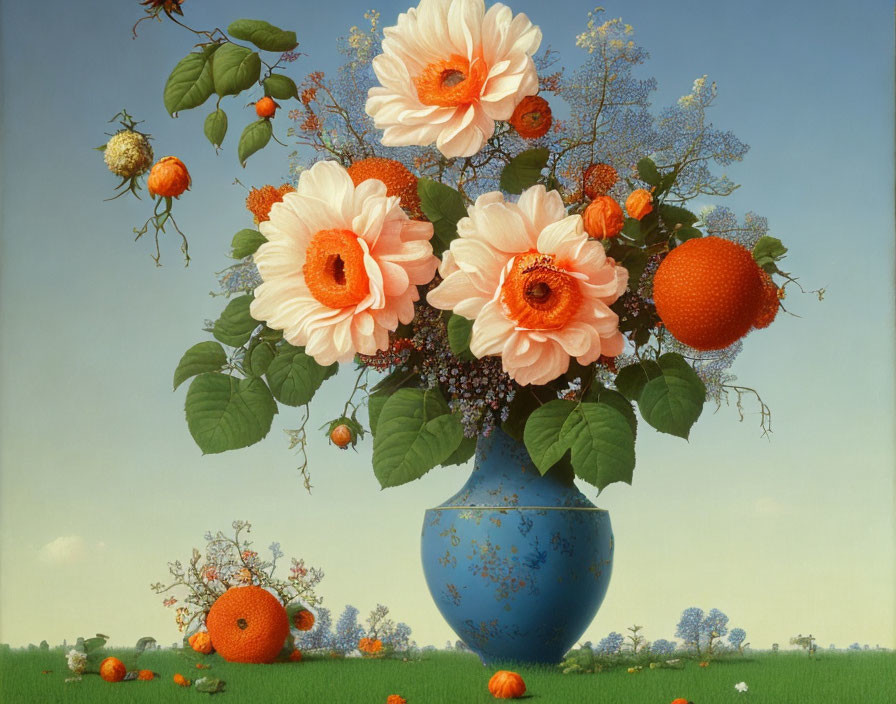 Colorful still life painting with blue vase, orange flowers, greenery, berries, oranges, and