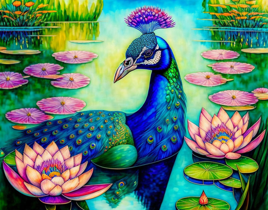 Colorful peacock painting with cascading feathers, water lilies, and lush foliage