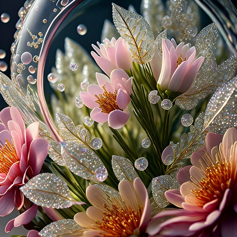 Close-up of sparkling flowers with dewdrops, pink petals, golden centers, bubbles, and glittering